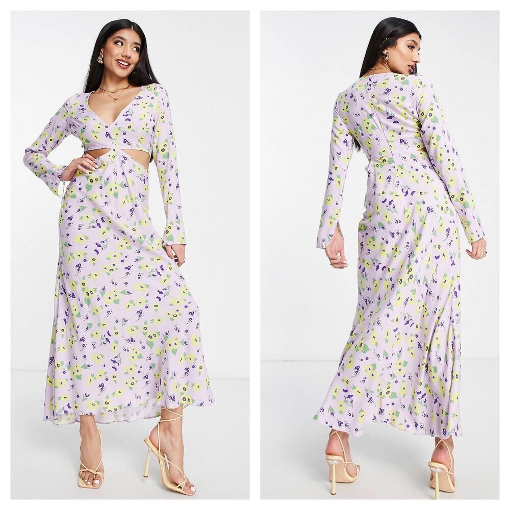 NWT ASOS Cut Out Side Maxi Dress Size 10 Lilac Floral Long Sleeve Fairy Coquette